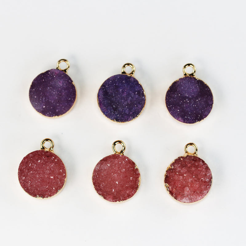 2pcs 12mm dyed druzy crystal round mineral gemstone pendant with gold plated loop