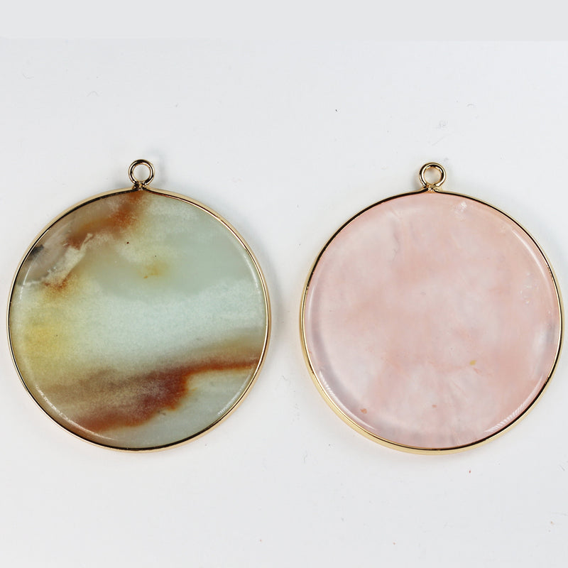 Gemstone Pendants, Natural Rose Quartz, Amazonite, Circle Gold Plated Pendant 40mm, loop 2.5mm