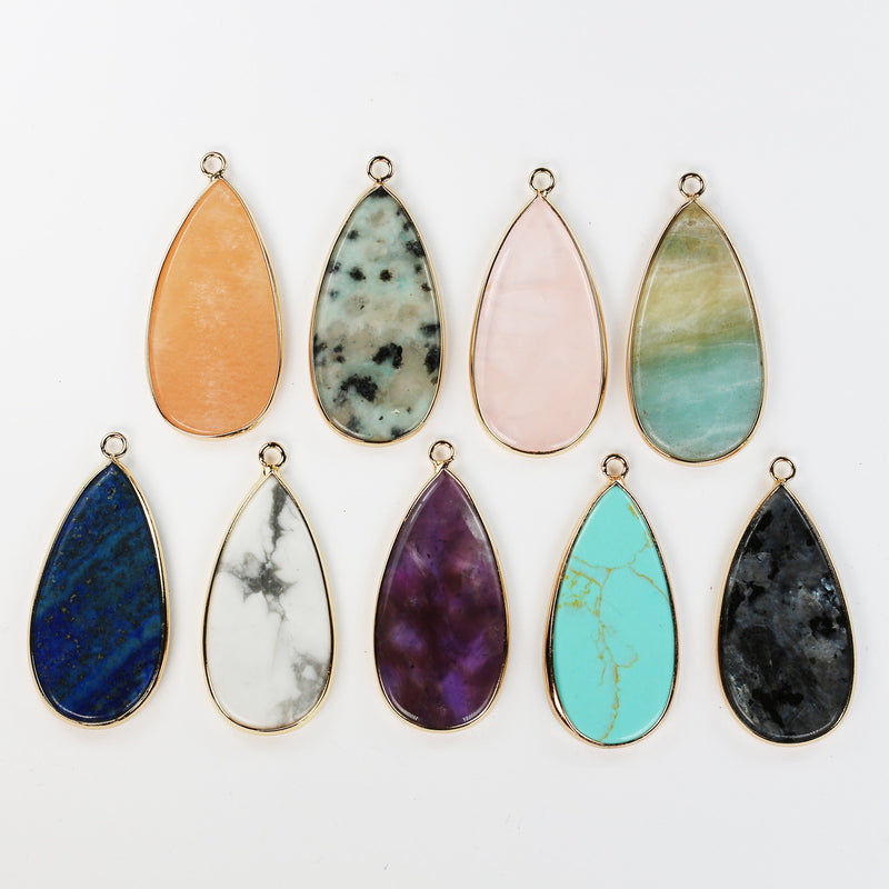 2pcs Gemstone Teardrop Pendant, Natural Rose Quartz, Howlite, Jasper, Amazonite, Amethyst, Lapis , Larvikite, Turquoise, Aventurine 40*20mm