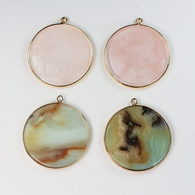 Gemstone Pendants, Natural Rose Quartz, Amazonite, Circle Gold Plated Pendant 40mm, loop 2.5mm