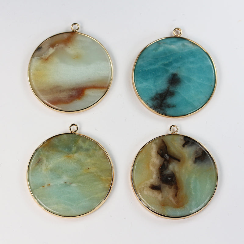 Gemstone Pendants, Natural Rose Quartz, Amazonite, Circle Gold Plated Pendant 40mm, loop 2.5mm