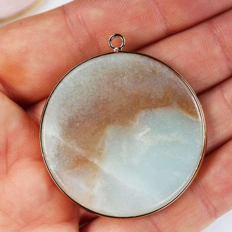 Gemstone Pendants, Natural Rose Quartz, Amazonite, Circle Gold Plated Pendant 40mm, loop 2.5mm