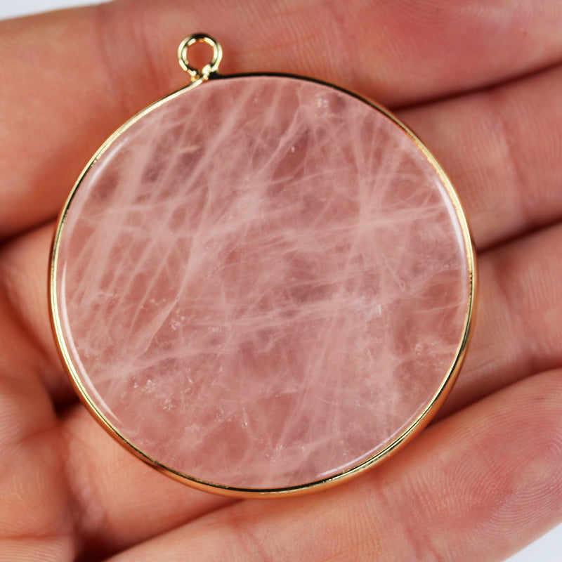 Gemstone Pendants, Natural Rose Quartz, Amazonite, Circle Gold Plated Pendant 40mm, loop 2.5mm