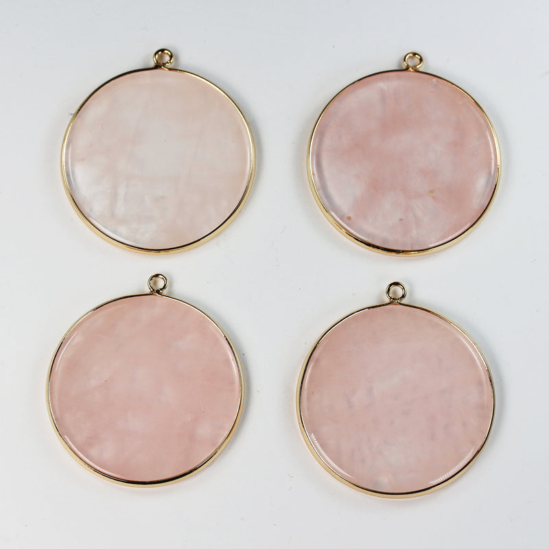 Gemstone Pendants, Natural Rose Quartz, Amazonite, Circle Gold Plated Pendant 40mm, loop 2.5mm