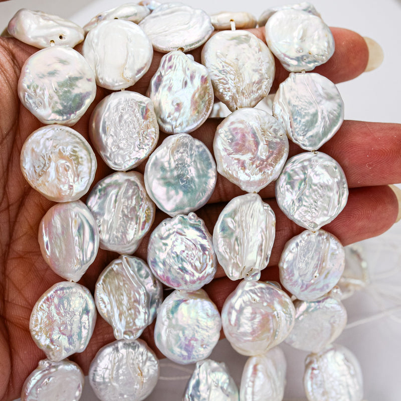 15mmmm White Natural Freshwater Pearl Coin Strands, w/ rainbow shine, 15 Inch, About 22 Beads, 0.6mm Hole