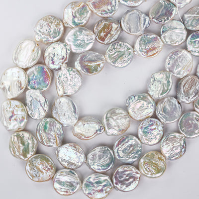 15mmmm White Natural Freshwater Pearl Coin Strands, w/ rainbow shine, 15 Inch, About 22 Beads, 0.6mm Hole