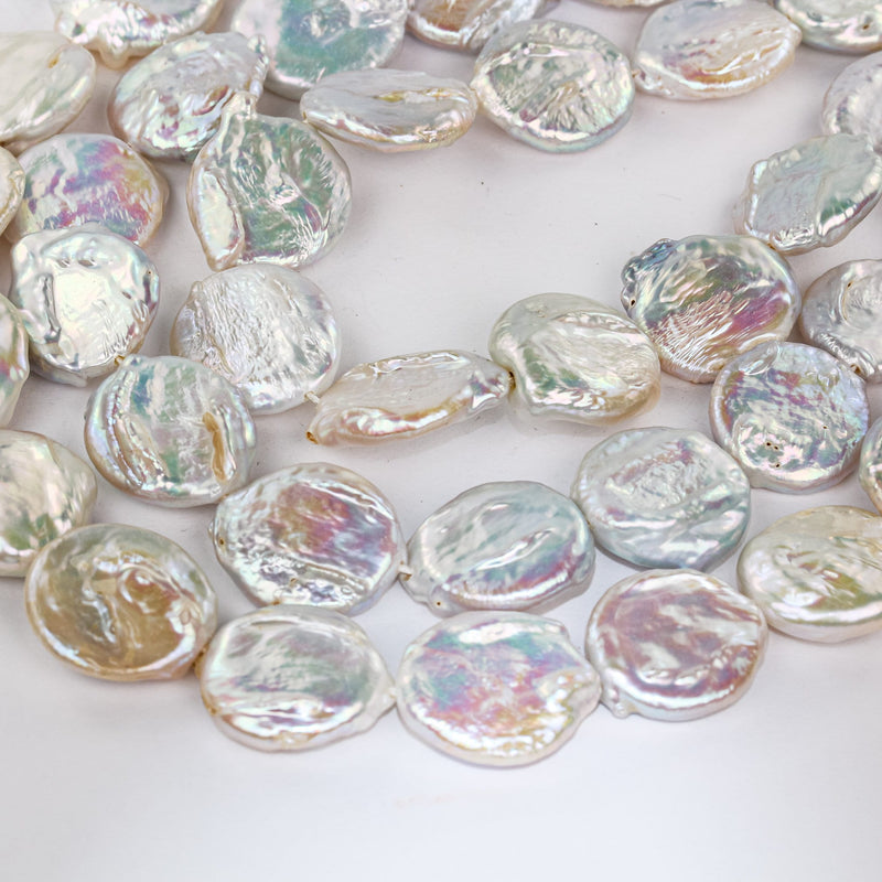 15mmmm White Natural Freshwater Pearl Coin Strands, w/ rainbow shine, 15 Inch, About 22 Beads, 0.6mm Hole