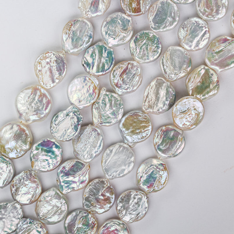 15mmmm White Natural Freshwater Pearl Coin Strands, w/ rainbow shine, 15 Inch, About 22 Beads, 0.6mm Hole