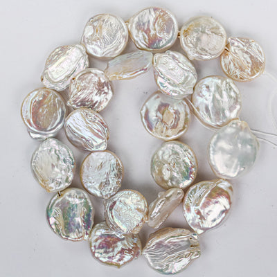 15mmmm White Natural Freshwater Pearl Coin Strands, w/ rainbow shine, 15 Inch, About 22 Beads, 0.6mm Hole