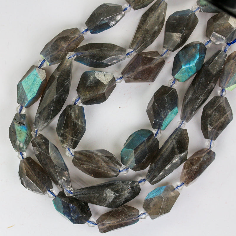 Natural Grey Labradorite, 26-36mm*12-15mm Faceted Nugget Gemstone, W/ Blue-Green Shine, One Full Strand, Hole 1mm, 16 Inches, About 13 Beads