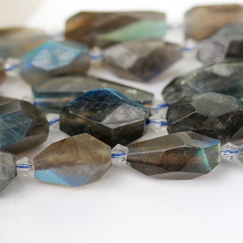 Natural Grey Labradorite, 26-36mm*12-15mm Faceted Nugget Gemstone, W/ Blue-Green Shine, One Full Strand, Hole 1mm, 16 Inches, About 13 Beads