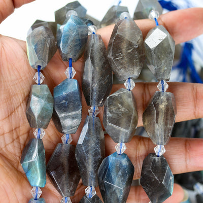 Natural Grey Labradorite, 26-36mm*12-15mm Faceted Nugget Gemstone, W/ Blue-Green Shine, One Full Strand, Hole 1mm, 16 Inches, About 13 Beads