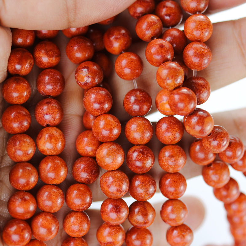 Natural Red Sponge Coral, 8mm Red/Brown Round Gemstone Strand, 16inch, About 54 Beads, 1mm Hole