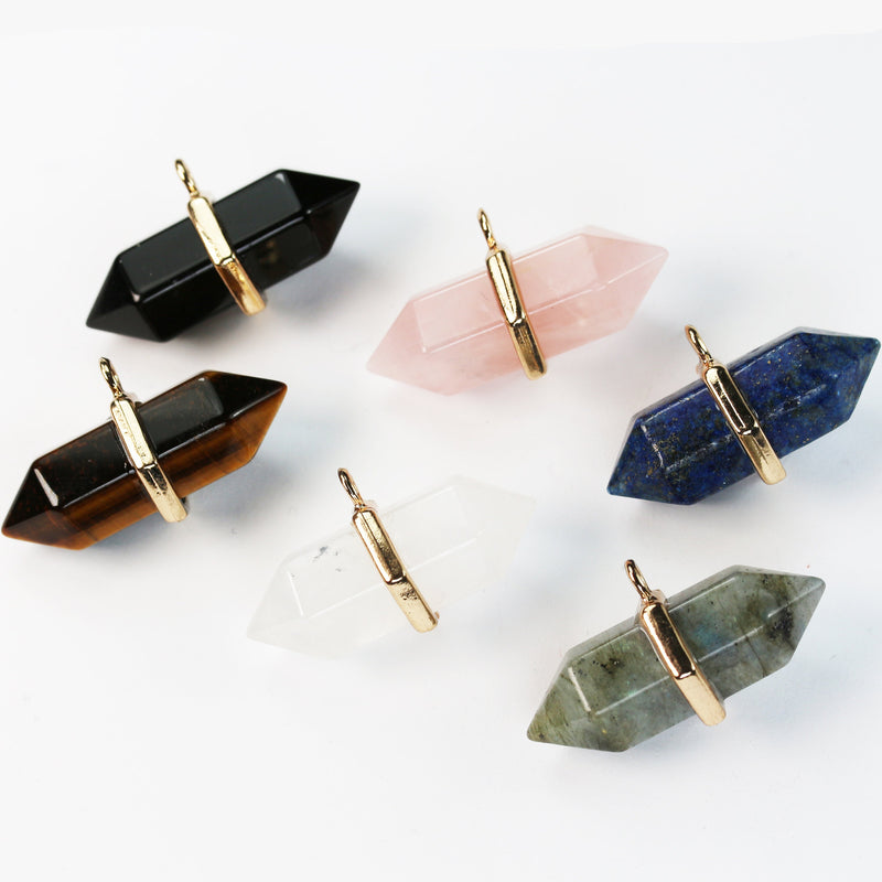 Natural Gemstone Double Terminated Point Pendant: Rose Quartz, Black Agate, Tiger&