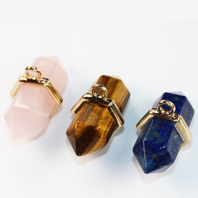 Natural Gemstone Double Terminated Point Pendant: Rose Quartz, Black Agate, Tiger's Eye, Clear Quartz, Lapis, Labradorite, with gold bail