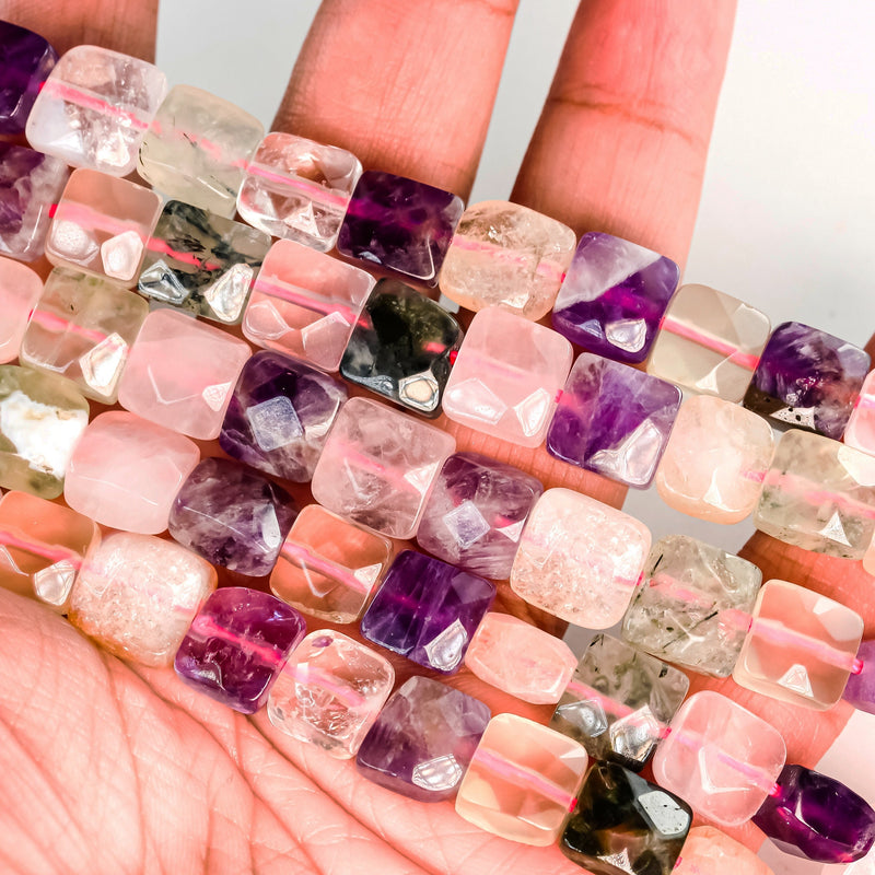 Natural mixed gemstone ,9-10mm faceted square gemstone strand, 15.5 inch, 1mm hole, about 42 beads