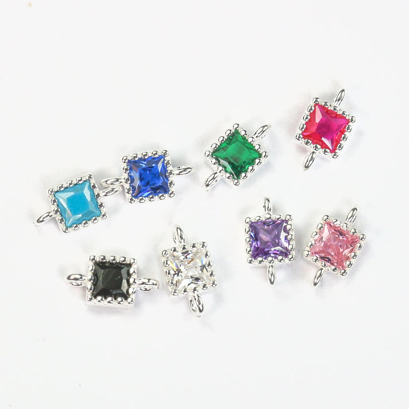 Square connector  beads 2pcs 18k gold / 925 sterling silver jewellery findings w/ colorful cubic zirconia, 4*4mm, 1mm hole