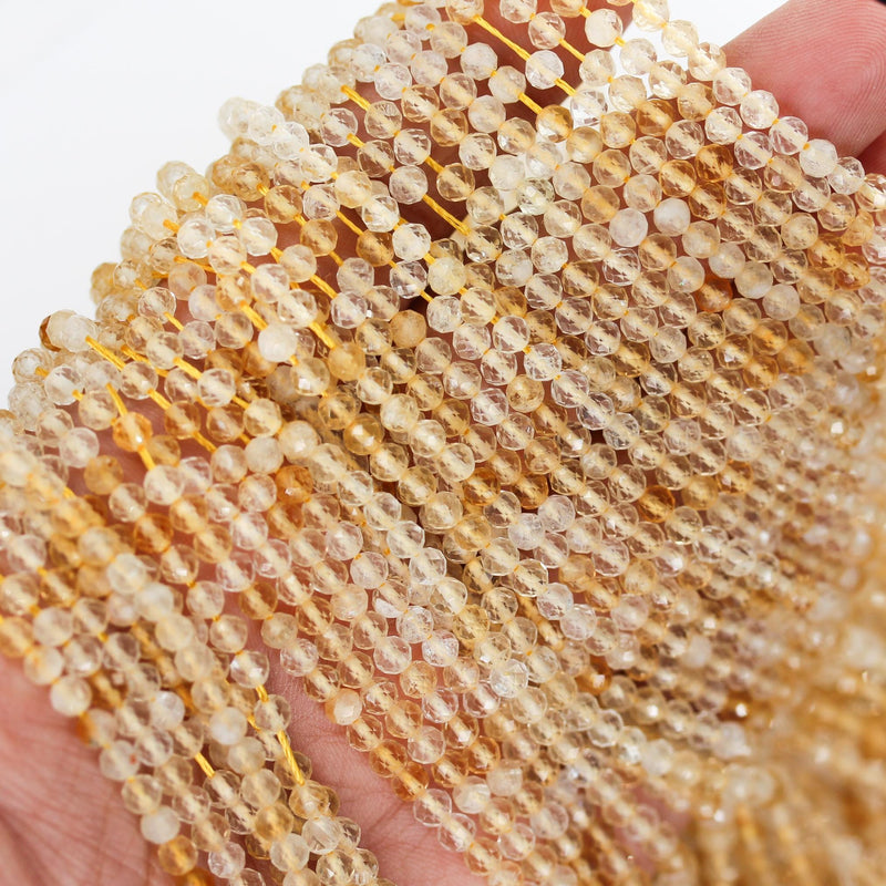 Natural citrine, 3mm faceted round shape gemstone beads, 15.5 inch , 0.8mm hole, about 120beads