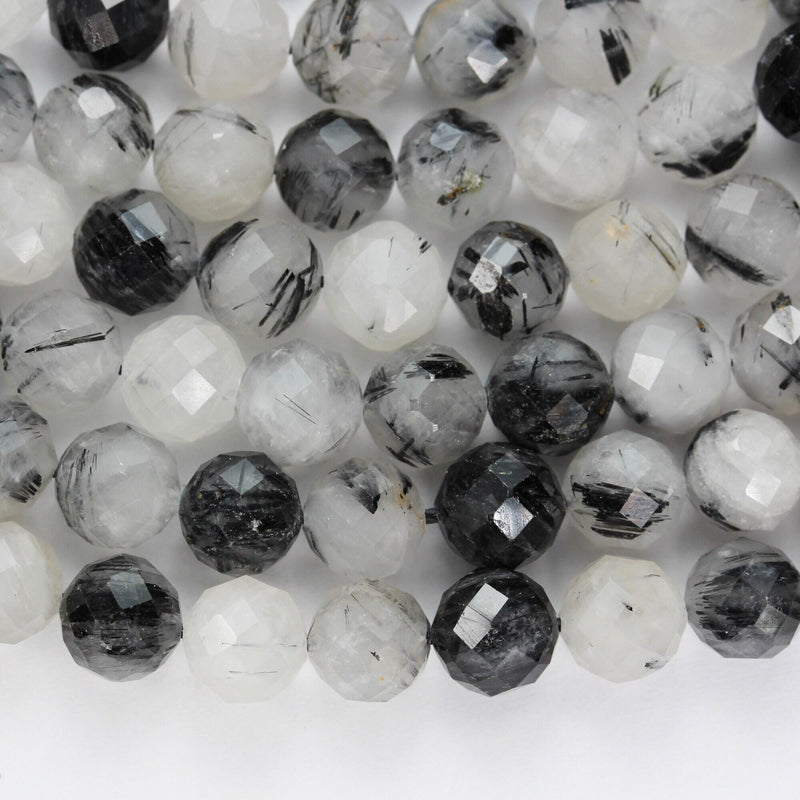 6mm black rutilated quartz, faceted round gemstone,7.5inch clear/ grey&black, about 33beads, hole 1mm