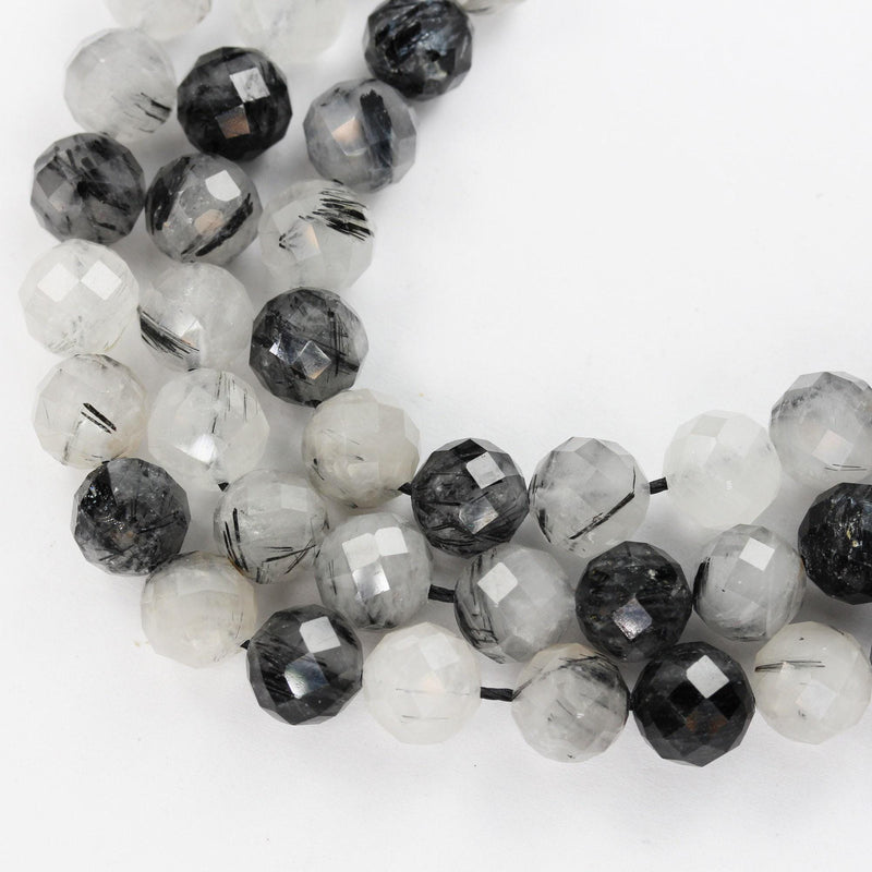 6mm black rutilated quartz, faceted round gemstone,7.5inch clear/ grey&black, about 33beads, hole 1mm