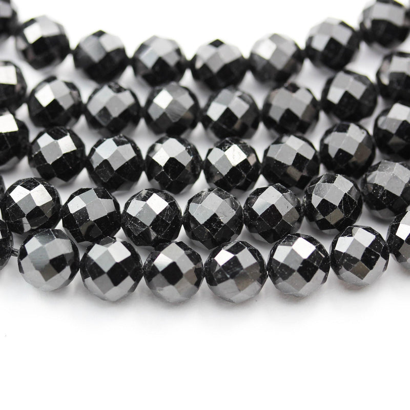 Natural black tourmaline, 8mm faceted round gemstone beads ,  7.5inch , 1mm  hole, 25beads