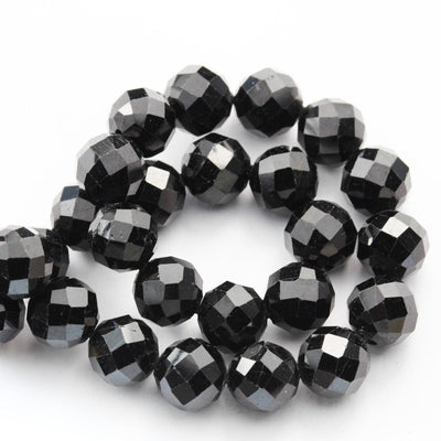 Natural black tourmaline, 8mm faceted round gemstone beads ,  7.5inch , 1mm  hole, 25beads