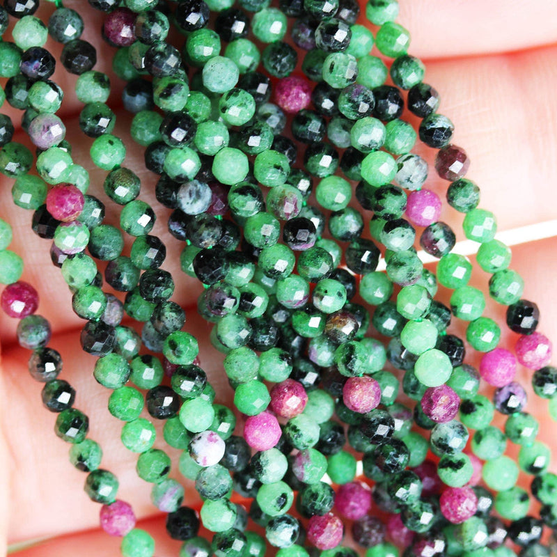 Natural ruby in zoisite, 3mm faceted round, one full strand , about 140 beads, 16", 0.6mm hole