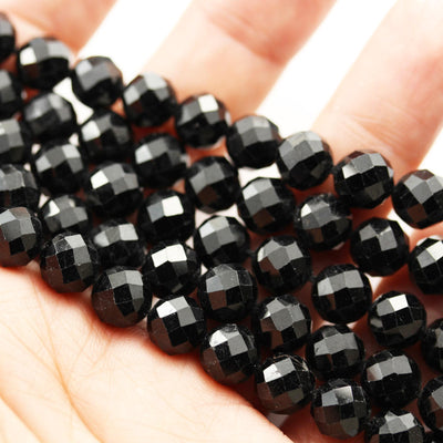 Natural black tourmaline, 8mm faceted round gemstone beads ,  7.5inch , 1mm  hole, 25beads