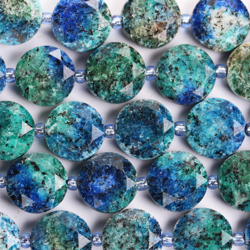 Azurite, 12mm faceted coin round gemstone, vintage rock stone, hole 1mm, 15.5inches, 28 beads