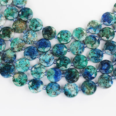 Azurite, 12mm faceted coin round gemstone, vintage rock stone, hole 1mm, 15.5inches, 28 beads