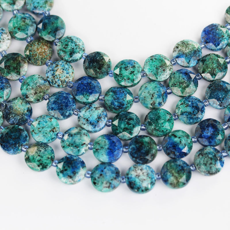 Azurite, 12mm faceted coin round gemstone, vintage rock stone, hole 1mm, 15.5inches, 28 beads