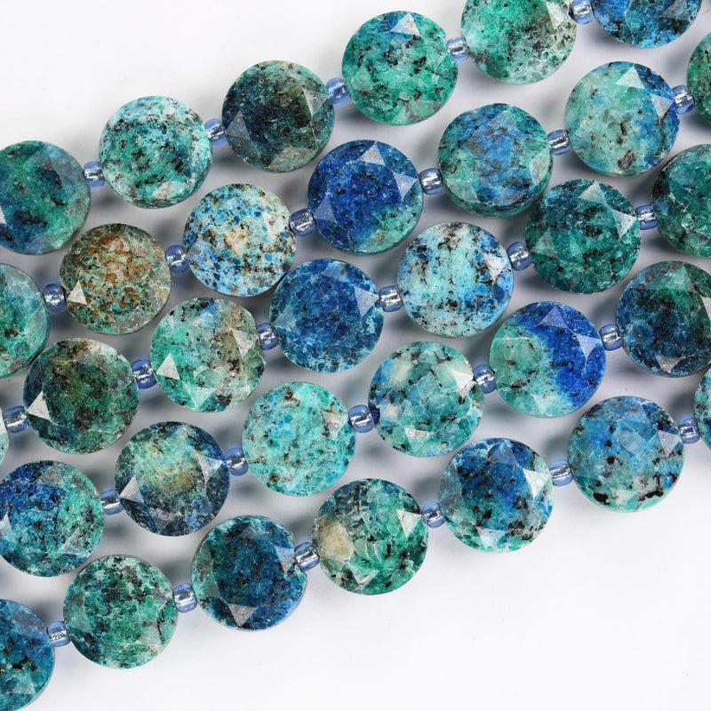 Azurite, 12mm faceted coin round gemstone, vintage rock stone, hole 1mm, 15.5inches, 28 beads