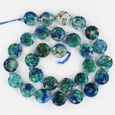 Azurite, 12mm faceted coin round gemstone, vintage rock stone, hole 1mm, 15.5inches, 28 beads