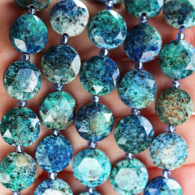 Azurite, 12mm faceted coin round gemstone, vintage rock stone, hole 1mm, 15.5inches, 28 beads