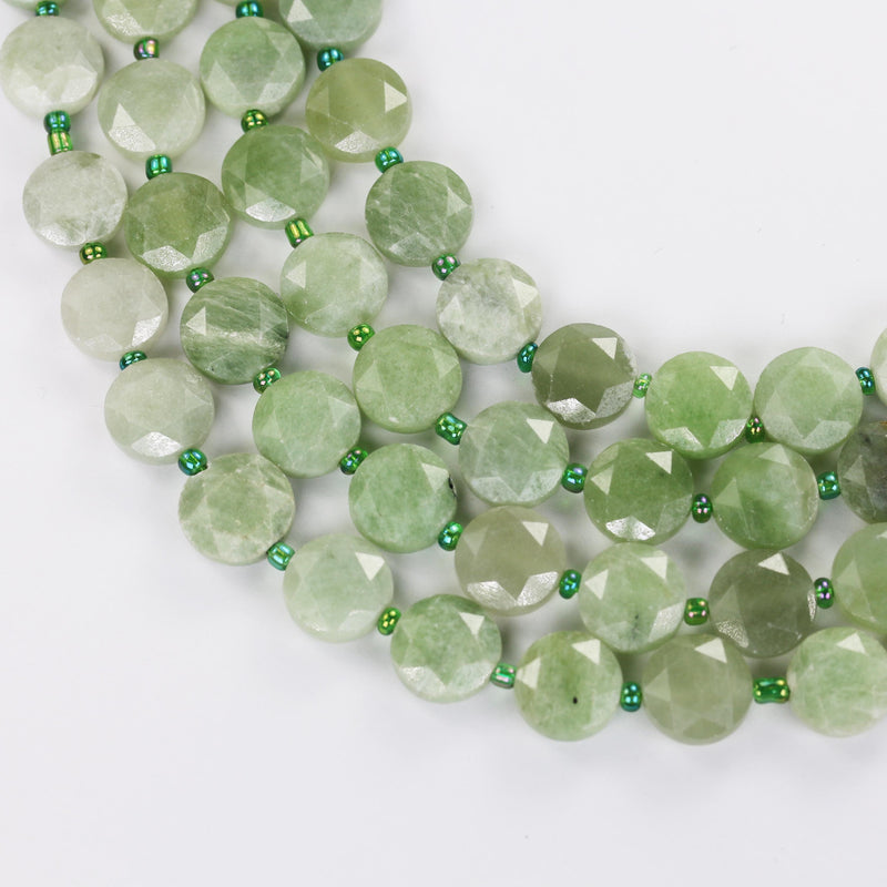 Burmese Jade, 12mm faceted coin round gemstone, vintage rock stone, hole 1mm, 15.5inches, 27 beads