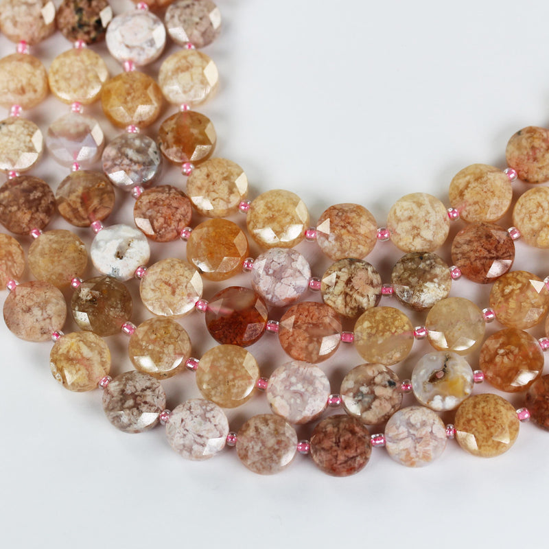 Cherry Blossom Agate, 12mm faceted coin round gemstone, vintage rock stone, hole 1mm, 15.5inches, 28 beads