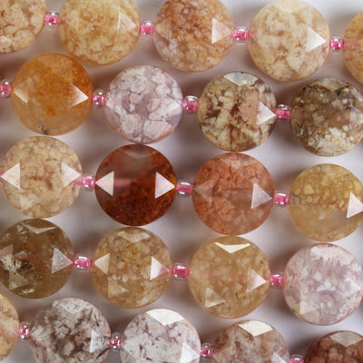 Cherry Blossom Agate, 12mm faceted coin round gemstone, vintage rock stone, hole 1mm, 15.5inches, 28 beads