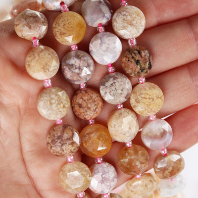 Cherry Blossom Agate, 12mm faceted coin round gemstone, vintage rock stone, hole 1mm, 15.5inches, 28 beads