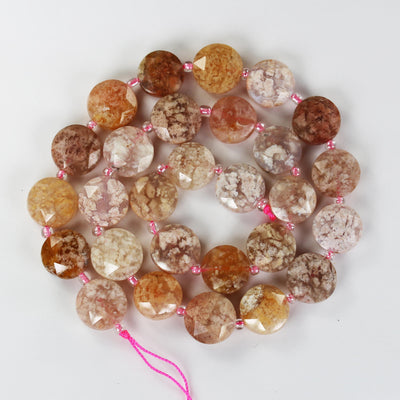 Cherry Blossom Agate, 12mm faceted coin round gemstone, vintage rock stone, hole 1mm, 15.5inches, 28 beads