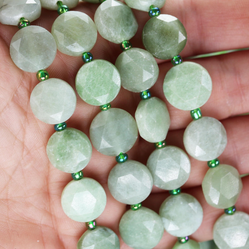 Burmese Jade, 12mm faceted coin round gemstone, vintage rock stone, hole 1mm, 15.5inches, 27 beads