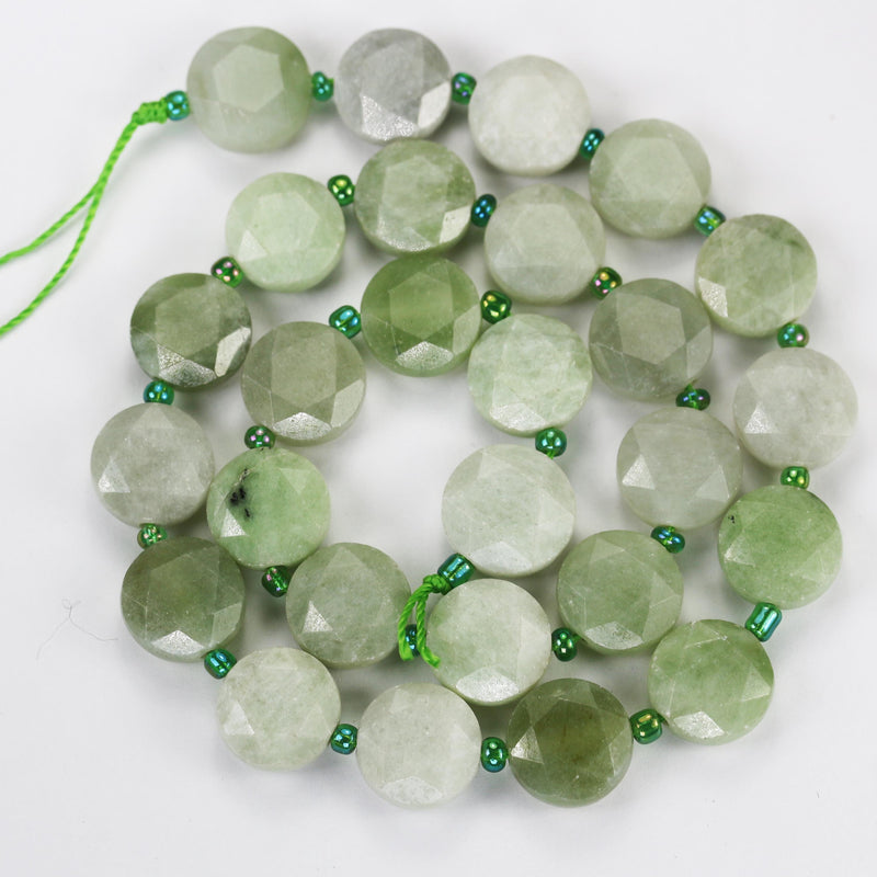 Burmese Jade, 12mm faceted coin round gemstone, vintage rock stone, hole 1mm, 15.5inches, 27 beads