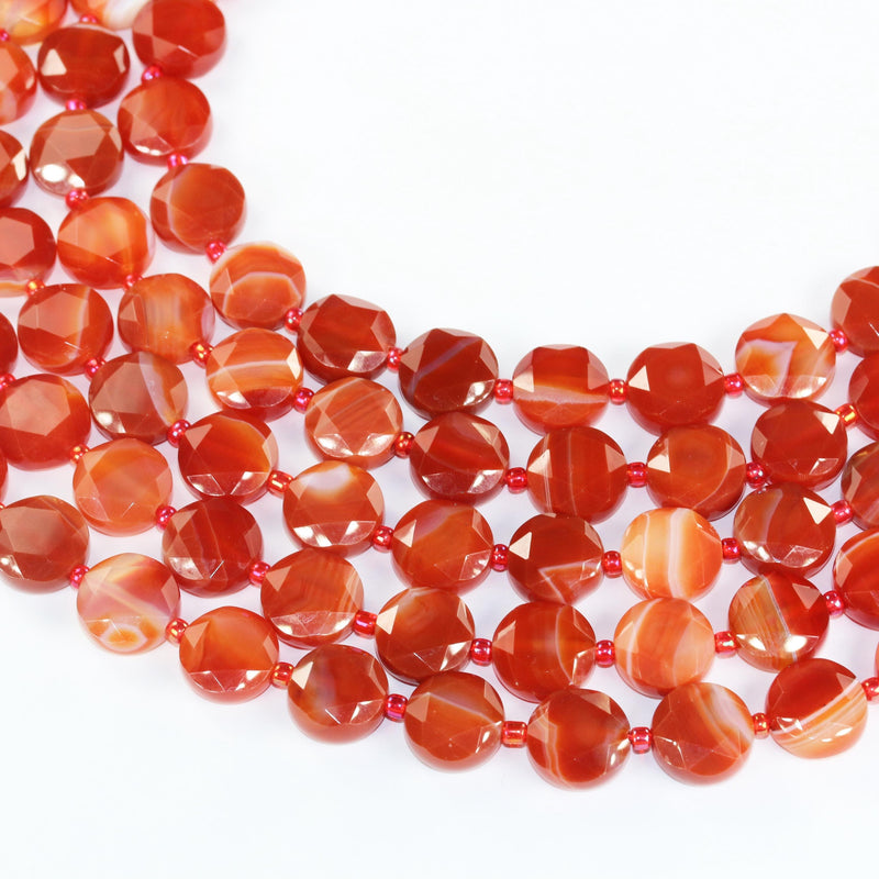 Red Banded Agate, 12mm faceted coin round gemstone, vintage rock stone, hole 1mm, 15.5inches, 28 beads