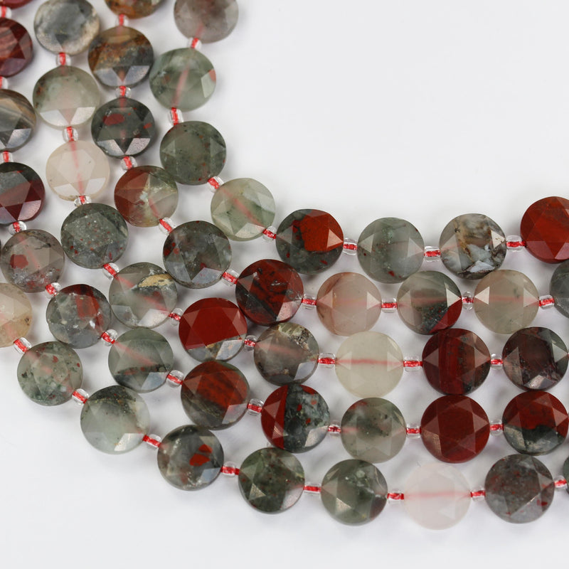 Bloodstone, 12mm faceted coin round gemstone, vintage rock stone, hole 1mm, 15.5inches, 28 beads