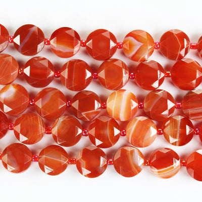 Red Banded Agate, 12mm faceted coin round gemstone, vintage rock stone, hole 1mm, 15.5inches, 28 beads