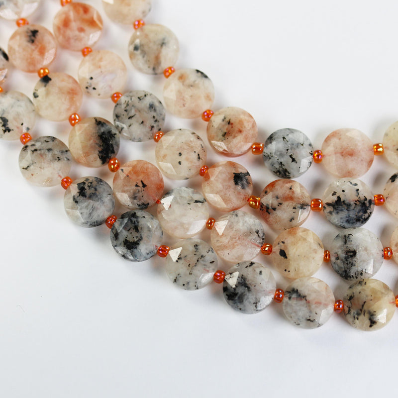 Natural Sunstone with Black Tourmaline, 12mm faceted coin round gemstone, vintage rock stone, hole 1mm, 15.5inches, 28 beads