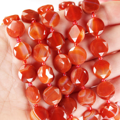 Red Banded Agate, 12mm faceted coin round gemstone, vintage rock stone, hole 1mm, 15.5inches, 28 beads