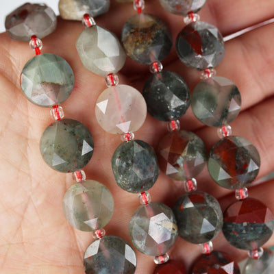 Bloodstone, 12mm faceted coin round gemstone, vintage rock stone, hole 1mm, 15.5inches, 28 beads