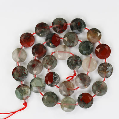 Bloodstone, 12mm faceted coin round gemstone, vintage rock stone, hole 1mm, 15.5inches, 28 beads