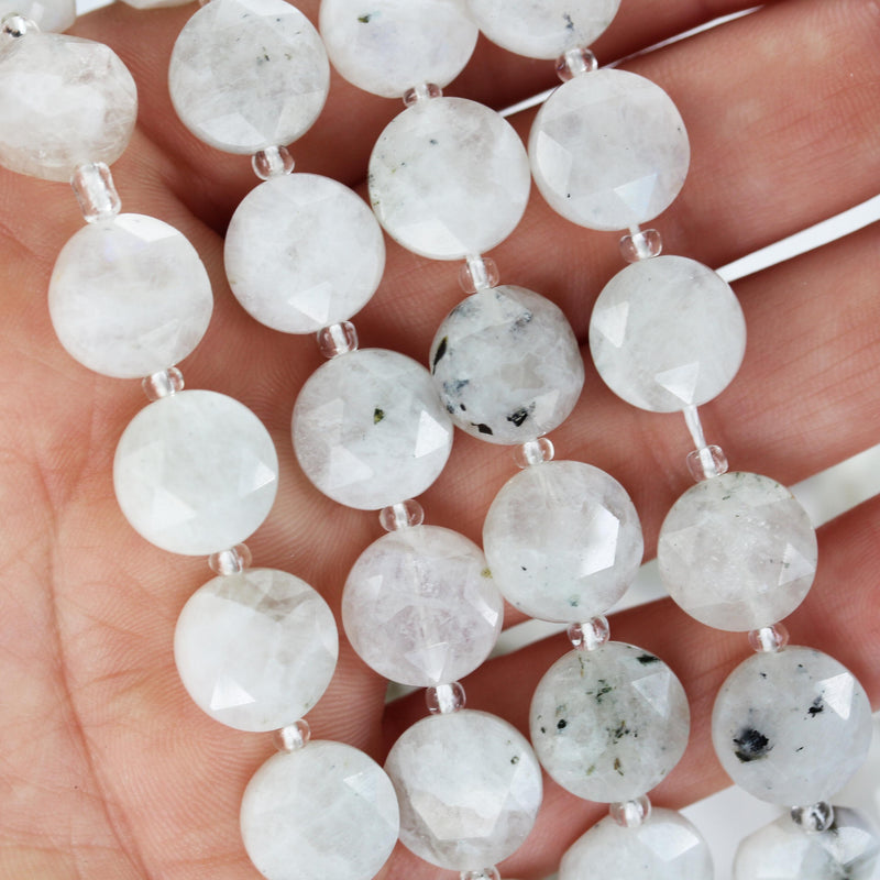 Moonstone with Blue Flash, 12mm faceted coin round gemstone, vintage rock stone, hole 1mm, 15.5inches, 28 beads