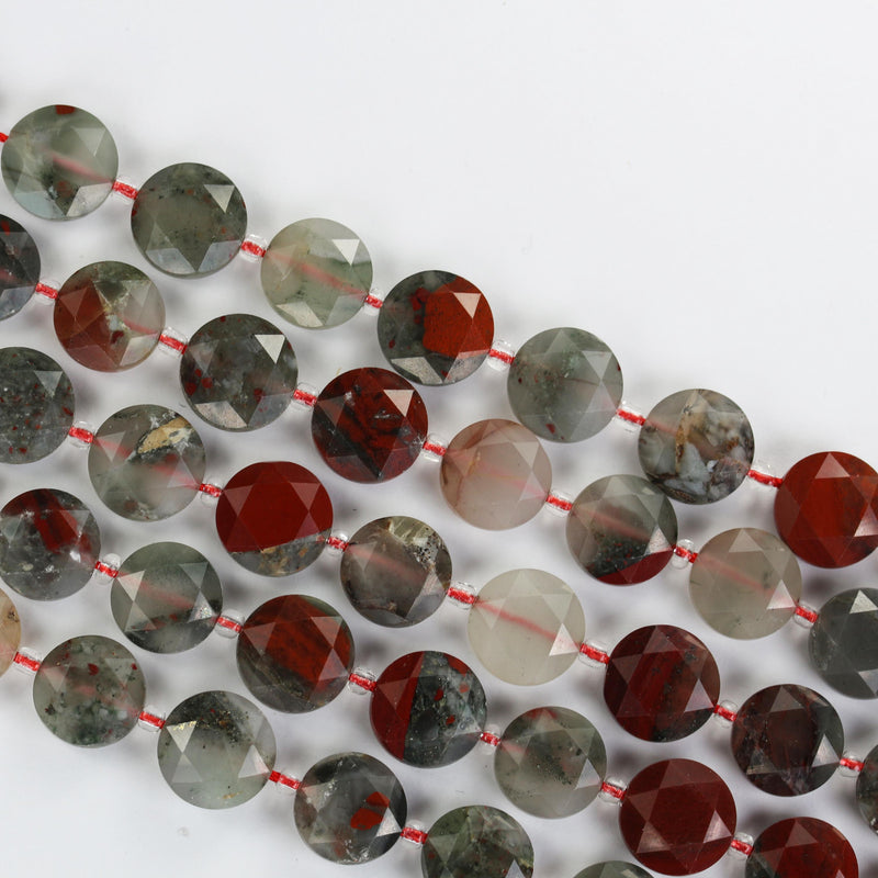 Bloodstone, 12mm faceted coin round gemstone, vintage rock stone, hole 1mm, 15.5inches, 28 beads